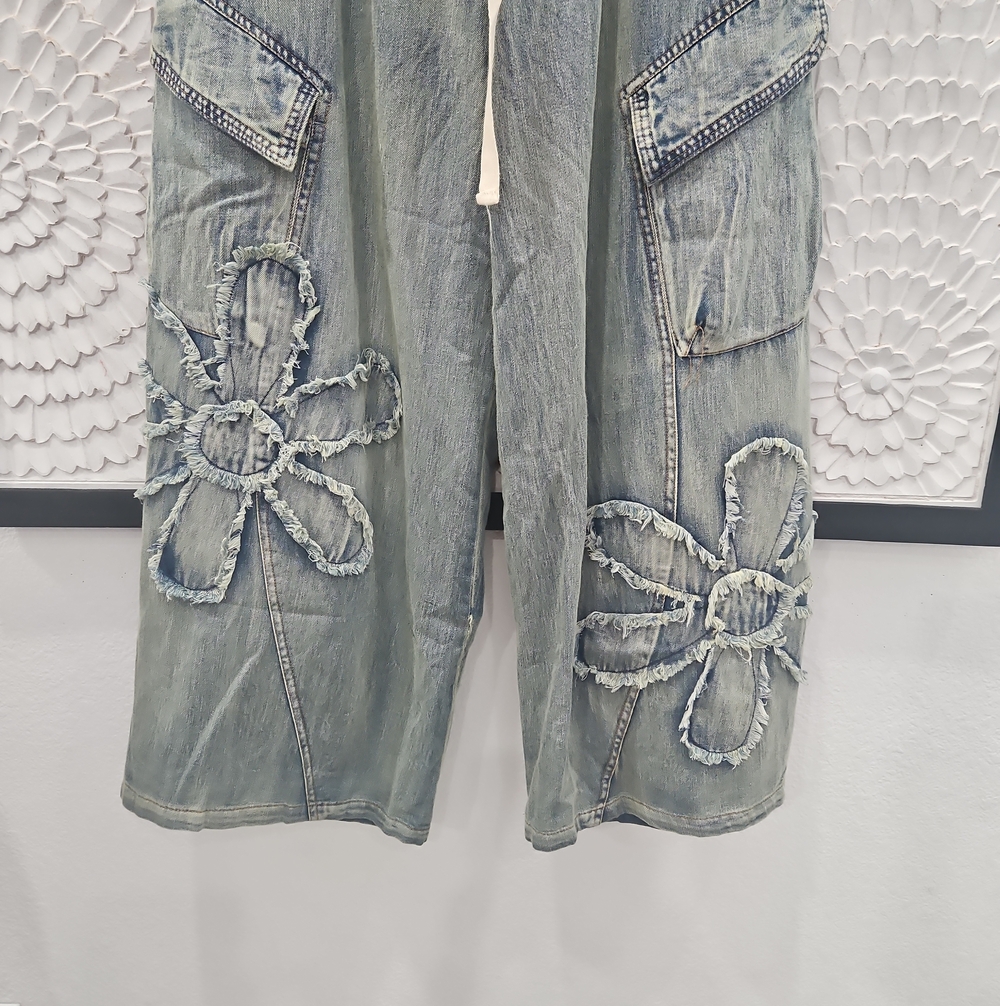 Boho Floral Appliqué Distressed Denim Cargo Pants - Picture 3 of 7